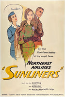 Original vintage Northeast Airlines Sunliners linen backed mid-century modern aviation airline travel and tourism poster plakat affiche circa 1960s.