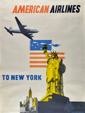 Original vintage American Airlines New York photo montage linen backed travel and tourism poster featuring the Statue of Liberty by artist E. McKnight Kauffer, circa 1948.