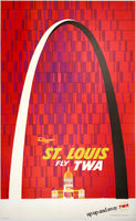 Original vintage St. Louis - Fly TWA Up Up & Away linen backed aviation Midwest American travel poster by artist David Klein, illustrator of airline posters for Trans World Airlines destinations.