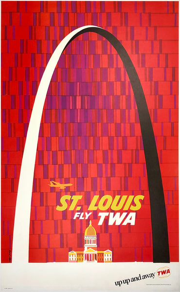 Original vintage St. Louis - Fly TWA Up Up & Away linen backed aviation Midwest American travel poster by artist David Klein, illustrator of airline posters for Trans World Airlines destinations.