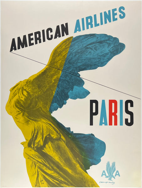 Original vintage American Airlines Paris - Winged Victory Louvre linen backed French travel and tourism poster by artist E. McKnight Kauffer, circa 1950s.