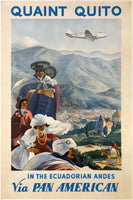Original vintage Quaint Quito - In The Ecuadorian Andes Via Pan American linen backed travel and tourism poster promoting travel to the mountains of South America via a Pan Am Douglas DC-2 by artist Paul George Lawler, circa 1939.
