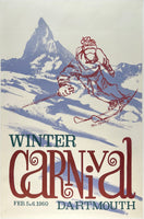 Original vintage Dartmouth Winter Carnival 1960 linen backed travel and tourism poster promoting the annual ski event party held at Dartmouth College.