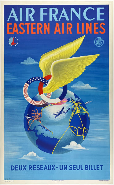 Original vintage Air France Eastern Air Lines Deux Reseaux Un Seul Billet linen backed travel and tourism poster featuring Lockheed Connie prop planes flying around the globe and the French and American USA flags intertwined by artist Plaquet, circa 1950.