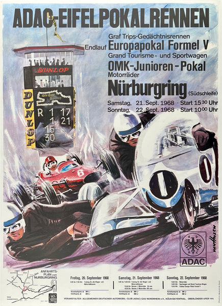 Original vintage ADAC Eifelpokalrennen Nurburgring 1968 linen backed German automobile motorcycle event poster plakat affiche by artist Van Husen.