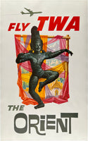 Original vintage Fly TWA - The Orient linen backed aviation travel and tourism poster by artist David Klein, featuring an Asian statue, circa 1960s.