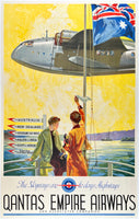 Original vintage Qantas Empire Airways - The Skyways Are Today's Highways linen backed Australian travel and tourism poster plakat affiche by artist Walter Jardine circa 1939.