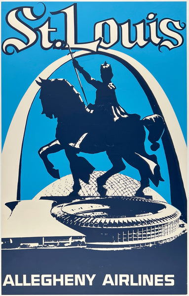 Original vintage St. Louis - Allegheny Airlines linen backed silkscreen airline aviation travel and tourism poster plakat affiche featuring the Arch and Busch Stadium, circa 1960s.