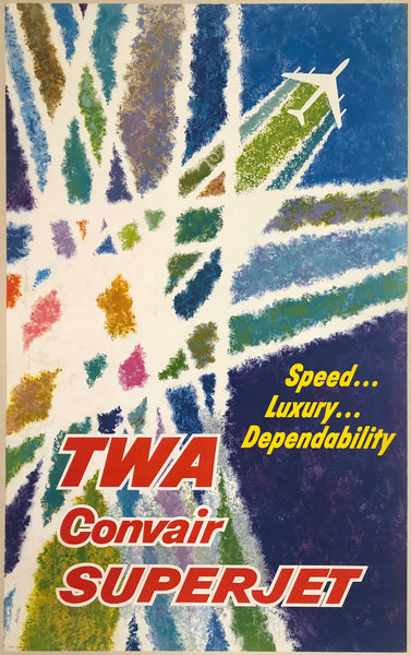 Original vintage TWA Convair Superjet - Speed... Luxur... Dependability aviation travel poster by artist David Klein, illustrator of airline posters for Trans World Airlines destinations, circa 1960s.