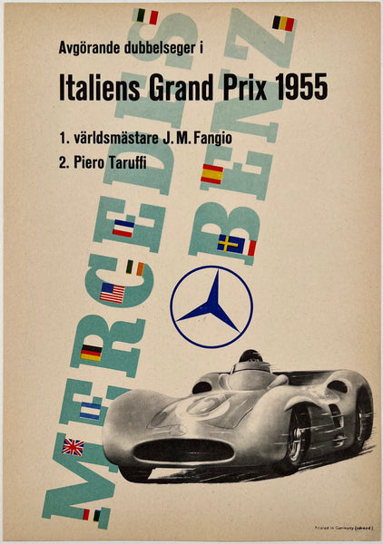 Original vintage Mercedes Benz - Italian Grand Prix 1955 linen backed automobile car racing showroom poster plakat affiche by artist Anton Stankowski circa 1955.