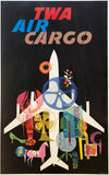 Original vintage TWA Air Cargo linen backed airline aviation travel and tourism poster by artist David Klein, illustrator of airline posters for Trans World Airlines destinations in America, Europe, Asia, and Africa.