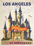 Original vintage Los Angeles - Disneyland - Go Greyhound linen backed bus poster featuring a family entering Sleeping Beauty's Castle and promoting travel to and tourism along California and the West Coast aboard Greyhound Lines, circa 1960.