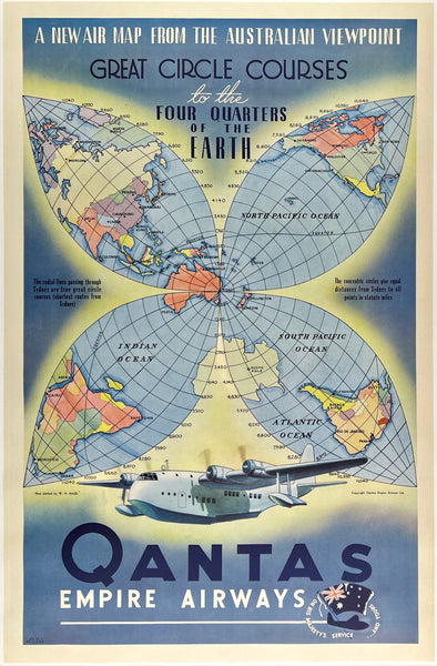 Original vintage Qantas Empire Airways - Great Circle Courses To the Four Quarters of The Earth - A New Air Map From The Australian Viewpoint linen backed aviation airline travel and tourism poster by artist Rhys Williams, circa 1938.