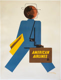 Original vintage American Airlines - world wide traveling globe man linen backed travel and tourism poster by artist E. McKnight Kauffer, circa 1948.