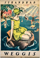 Original vintage Strandbad - Weggis linen backed Swiss travel and tourism poster featuring swimming and other lakeside resort activities in Switzerland by artist  Hugo LAubi, circa 1918.