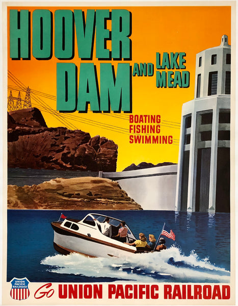 Original vintage Hoover Dam and Lake Mead - Boating, Fishing, Swimming - Go Union Pacific Railroad linen backed Southwestern America railway travel and tourism poster by artist C. Peet circa 1950s.