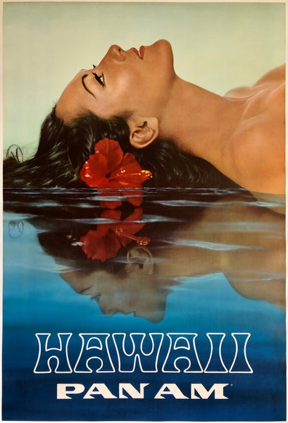 Original vintage Hawaii - Pan Am linen backed airline aviation travel and tourism poster featuring a beautiful woman laying in the sea and illustrated by an anonymous artist, circa 1969.