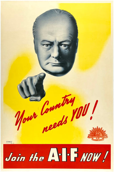 Original vintage Your Country Needs You! Join The A-I-F Now! linen backed Australia World War II WWII recruiting propaganda poster featuring a stern Churchill circa 1943.