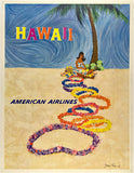 https://chicagovintageposters.com/products/hawaii-american-airlines-1  Original vintage Hawaii - American Airlines linen backed travel and tourism poster featuring a woman on a beach with a palm tree and lei by artist Fehmil, circa 1950s.