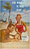 Original vintage Northwest Orient Airlines - Give Wings To Your Heart - Miami Beach Bag MCM linen backed airline travel and tourism poster plakat affiche circa 1960s.
