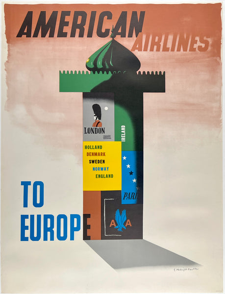 Original vintage American Airlines To Europe linen backed travel and tourism poster plakat affiche by artist E. McKnight Kauffer circa 1950s.