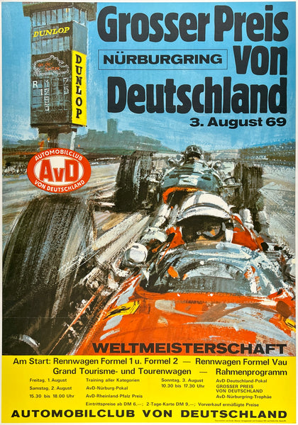 Original vintage Grand Prix of Germany linen backed automobile car racing showroom poster plakat affiche by artist Michael Turner circa 1969.