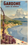 Original vintage Gardone - Lago Di Garda Italy linen backed Italian tourism poster promoting travel to Lake Garda and Brescia by artist Torimondi and printed by Barabino & Graeve - Genova circa 1934.