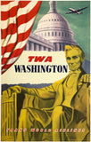 Original vintage TWA Washington D.C. - Trans World Airlines aviation travel and tourism poster by artist Lacano, circa 1950s.