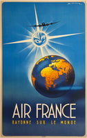 Original vintage Air France - Rayonne Sur Le Monde linen backed airline travel and tourism poster by artist Edmond Maurus promoting travel by Air France, the airline that shines around the world, circa 1950s.