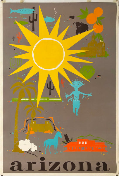 Original vintage Arizona Southwestern America travel and tourism poster featuring sunshine, cactus, bulls, fish, oranges, horses, ranch, rockies, and saloons, circa 1950s.