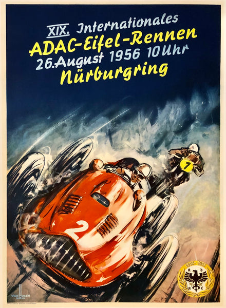Original vintage XIX Internationales ADAC-Eifel-Rennen - 1956 Nurburging linen backed automobile German racing auto event poster by artist Ernst Friedrich Van Husen, circa 1956.