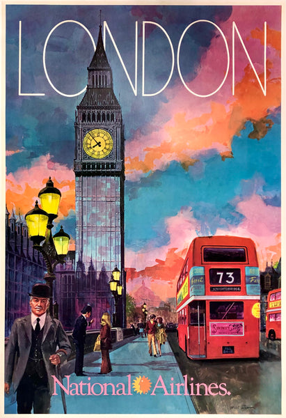 Original vintage London - National Airlines linen backed British airline travel and tourism poster featuring London's Big Ben and Parliament and iconic double decker bus by artist Bill Simon, circa 1960s.