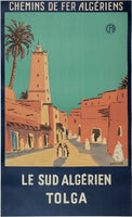 Original vintage Chemins De Fer Algeriens - Le Sud Algerien - Tolga linen backed Algerian railroad travel poster by artist R. Peraut, circa 1938.