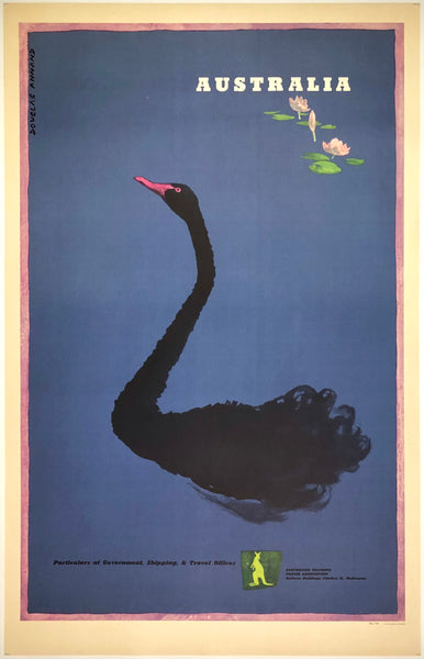 Original vintage Australia linen backed Australian travel and tourism poster featuring a swan and kangaroo by artist Douglas Annand, circa 1950s.