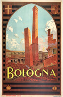 Original vintage Bologna Italy linen backed Italian travel and tourism poster by artist Tremator, and printed circa 1928.