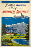Original vintage Beautiful Argentina Via Aerolineas Argentinas linen backed mid-century modern airline travel and tourism poster featuring a DC-6 aircraft by artist Adolph Treidler, circa 1960.