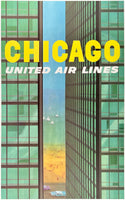 Original vintage Chicago - United Air Lines linen backed UAL airline travel and tourism poster by artist Stan Galli, circa 1950s, and featuring the 860-880 Lake Shore Apartments, designed by Mies Van Der Rohe.