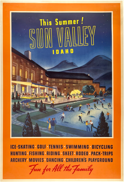 Original vintage This Summer Sun Valley Idaho night scene at the hockey rink promoting all their summer sports linen backed travel and tourism authentic poster circa 1940s.