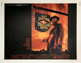 Original vintage High Plains Drifter half sheet linen backed Western movie poster featuring an image of Clint Eastwood by artist Ron Lesser, circa 1973.