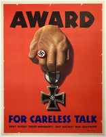 Original vintage Award For Careless Talk - Don't Discuss Troop Movements linen backed USA World War II American propaganda poster circa 1944.
