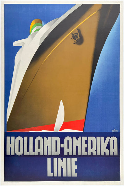 Original Vintage Holland-Amerika Linie linen backed art deco Holland America cruise ship Dutch travel and tourism poster by artist Willem Frederick Ten Broek, circa 1936.