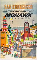 Original vintage San Francisco - American Airlines - Mohawk Airlines linen backed airline travel and California tourism mid-century modern poster circa 1960s.