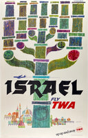 Original vintage Fly TWA Israel Up Up and Away aviation travel and tourism poster featuring Jerusalem and a menorah by artist David Klein, circa 1960s.