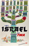 Original vintage Fly TWA Israel Up Up and Away aviation travel and tourism poster featuring Jerusalem and a menorah by artist David Klein, circa 1960s.