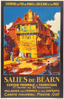 Original vintage Salies De Bearn linen backed French railroad travel poster plakat affiche by artist Roussel, circa 1931.