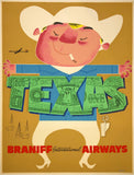 Original vintage Texas - Braniff International Airways linen backed airline aviation travel and tourism poster by artist Sokoloff, circa 1960s.