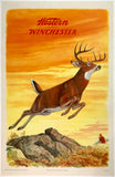 Original vintage Western Winchester deer buck hunting shotgun rifle linen backed advertising poster by artist J.G. Woods, circa 1955.