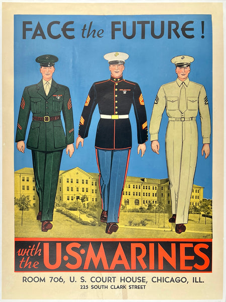 Original vintage Face The Future! With The U.S. Marines linen backed American USA World War II recruiting propaganda poster, circa 1942.