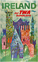 Original vintage Ireland Fly TWA Superjets linen backed aviation travel and tourism poster plakat affiche by artist David Klein, circa 1960s.