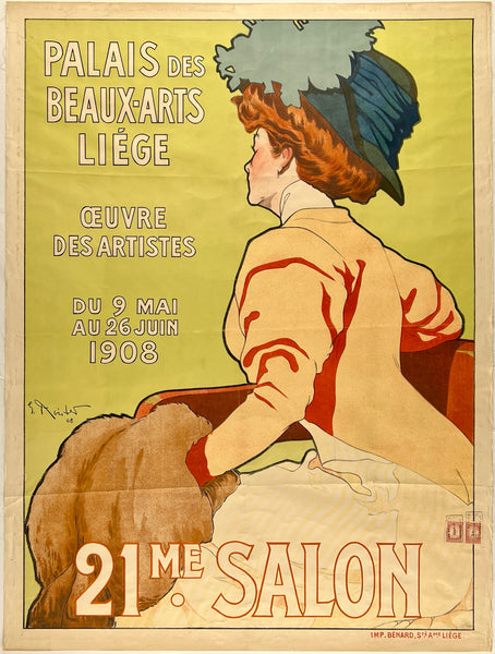 Original vintage Palais Des Beaux-Arts Liege 1908 linen backed Belgian arts and exposition poster plakat affiche circa 1908.
